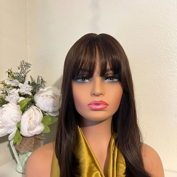 16 Inch Human hair blend Dark Brown Short Wig With Bangs - Picture 5 of 11